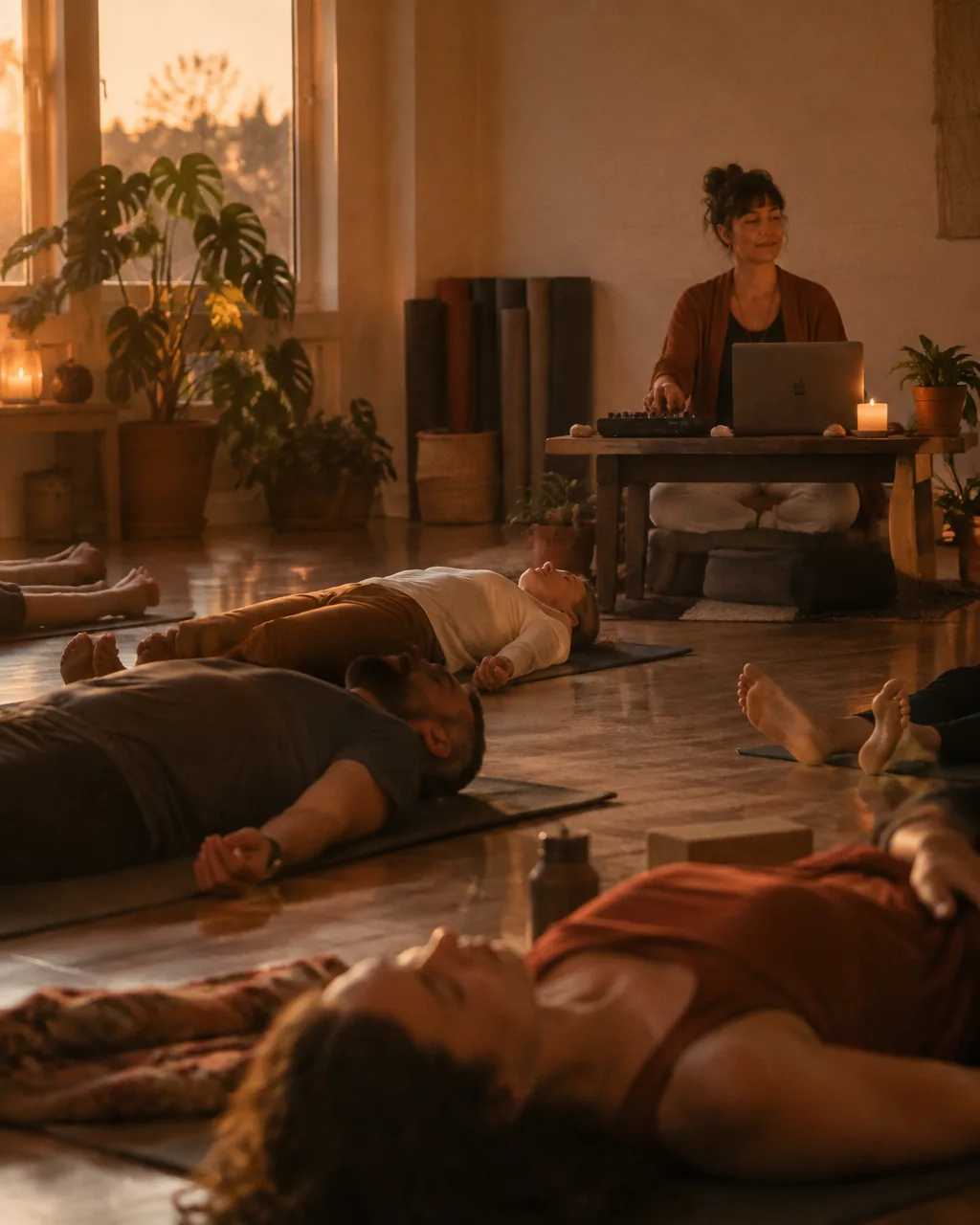 A facilitator at her laptop while dancers rest in the closing stillness