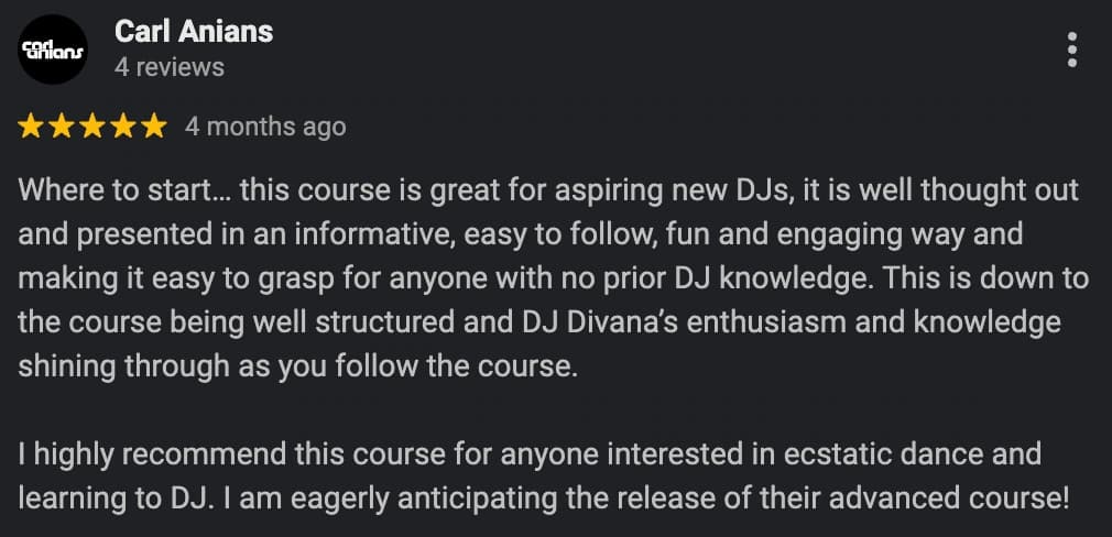 Google review from an Ecstatic Dance DJ student